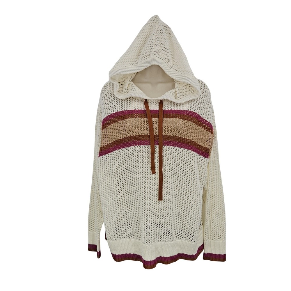 Torrid Sweater Women 0 L‎ White Stripe Hooded Boxy Open Knit Beachy Coastal